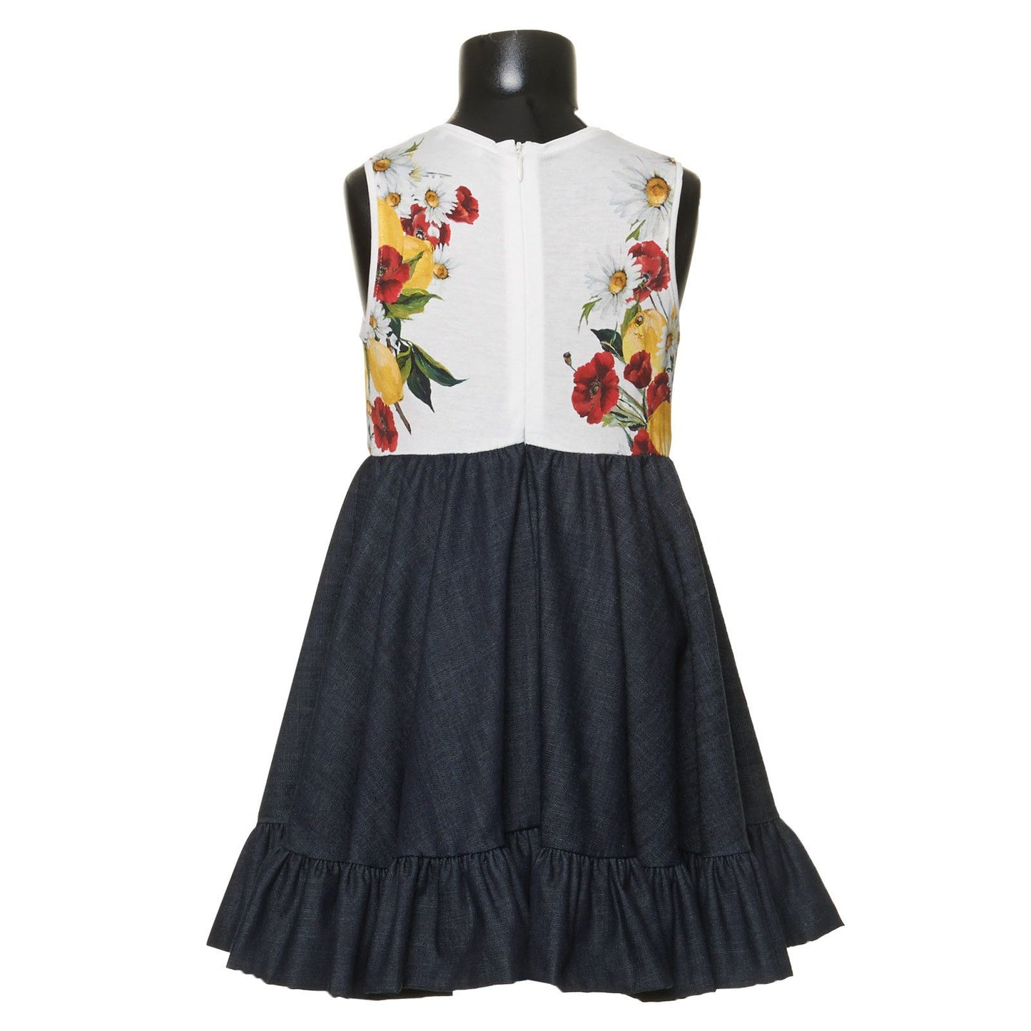Girls White Top&Black Bottom Flower Printed Dress With Patch Trims