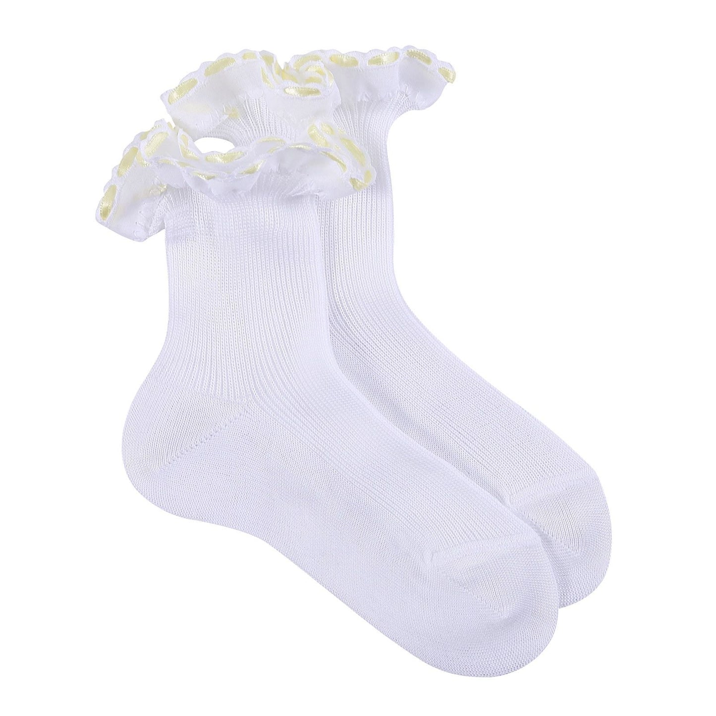 Girls White Cotton Short Socks With Yellow Strap Ankle