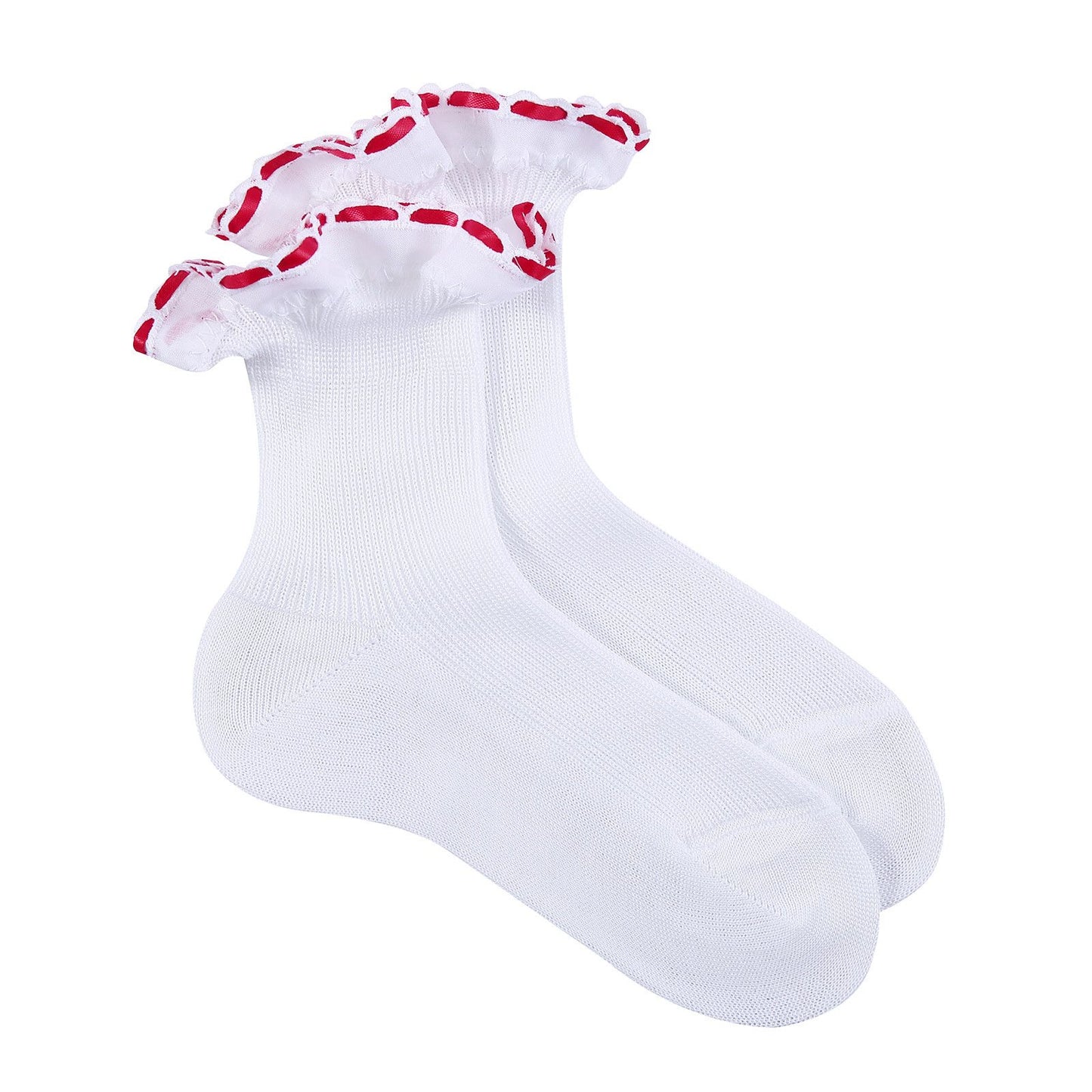 Girls White Cotton Short Socks With Red Strap Ankle