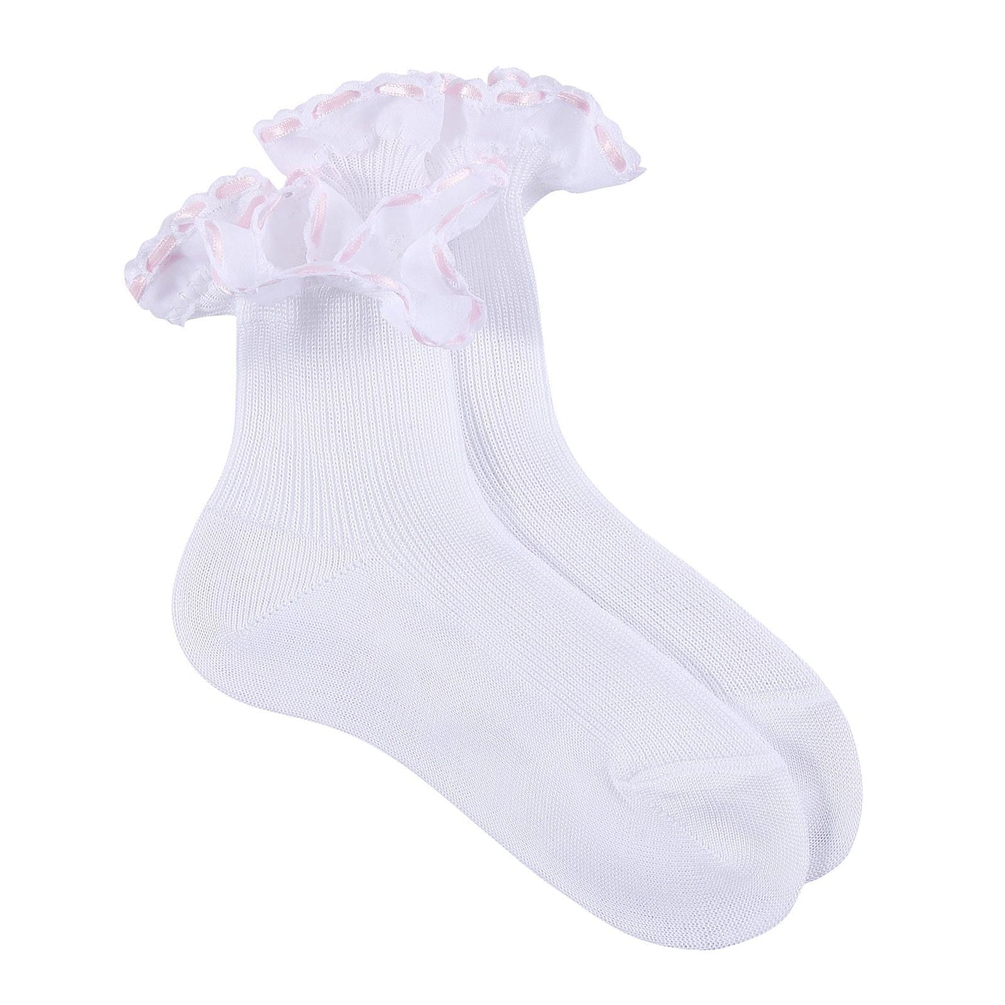 Girls White Cotton Short Socks With Light Pink Strap Ankle