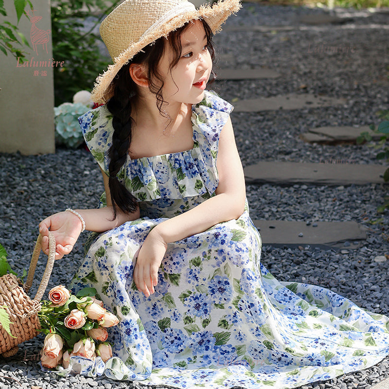 女童蓝色印花露背度假裙