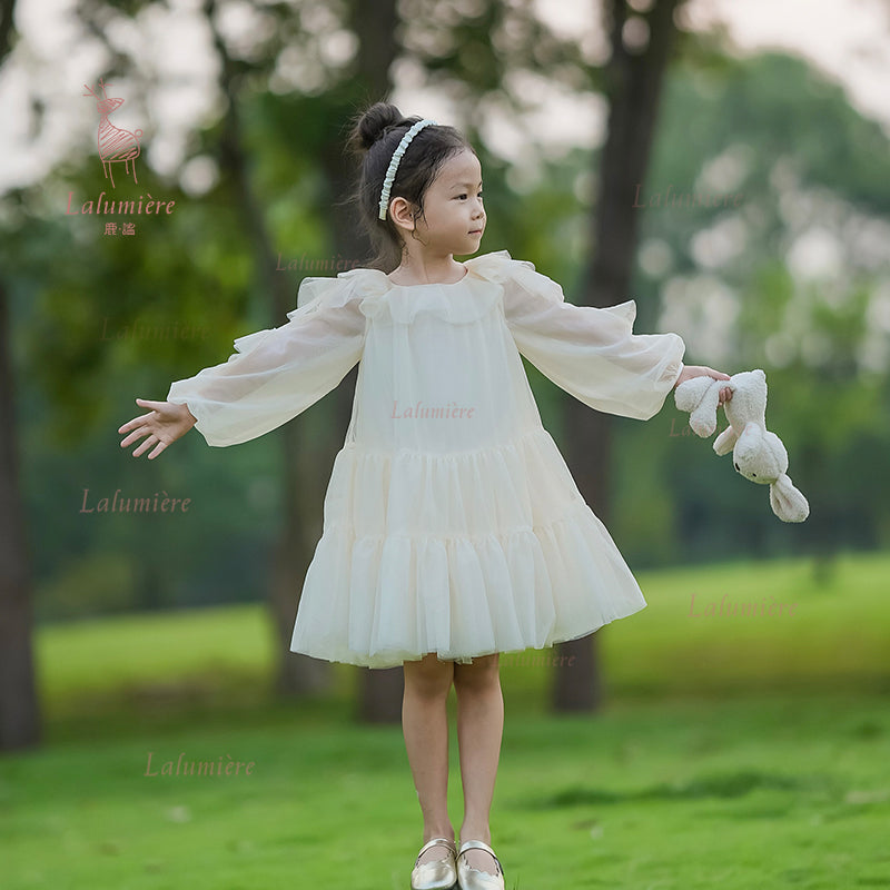 女童香槟色荷叶袖礼服裙