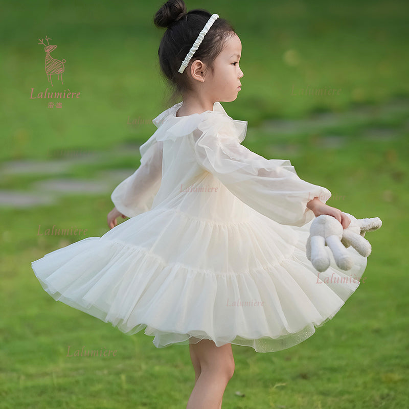 女童香槟色荷叶袖礼服裙