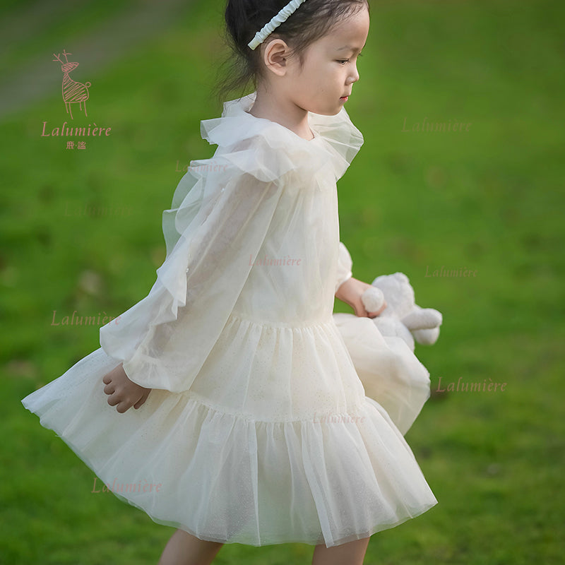 女童香槟色荷叶袖礼服裙