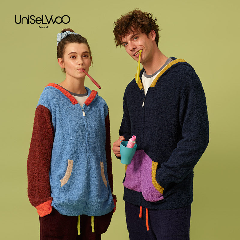 亲子款蓝棕色半边绒拉链卫衣