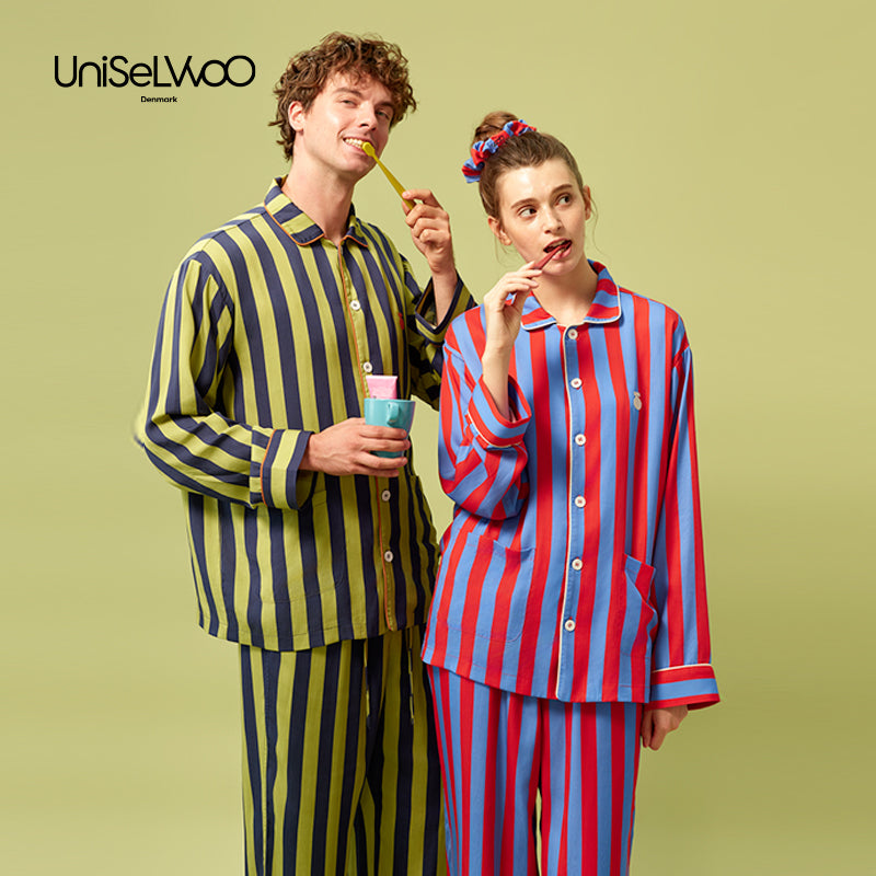 亲子款蓝绿色条纹天丝睡衣套装