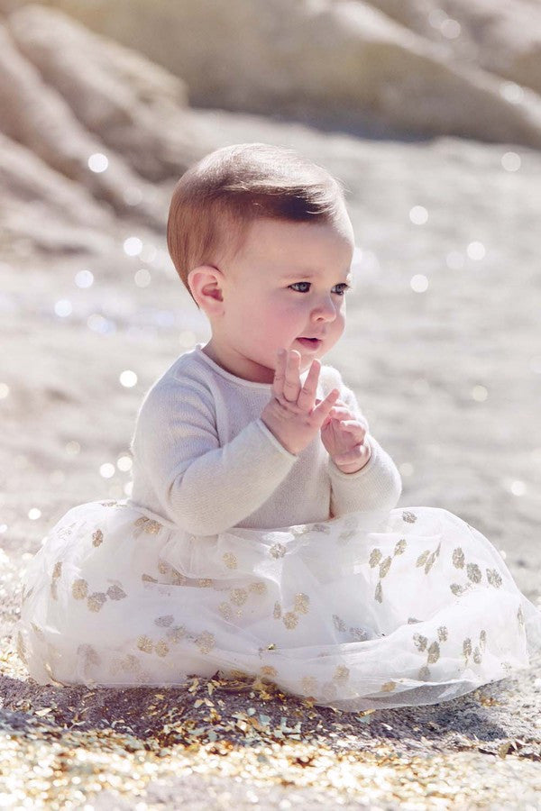 Baby Girls Milk White Wool Dress With Gold Patch Flower Trims