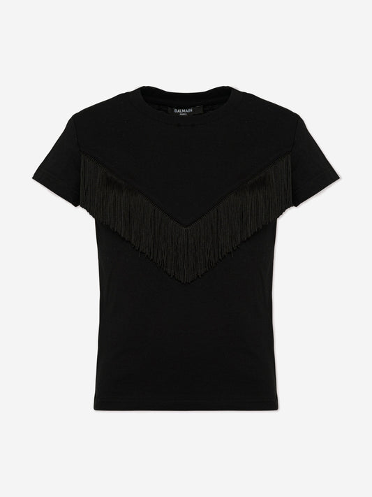 Balmain 女童流苏 T 恤(黑色)