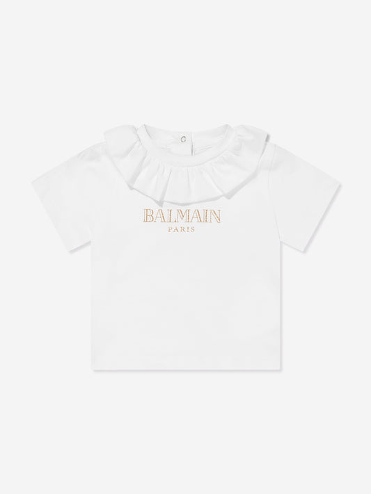 Balmain 女婴白色褶边领徽标 T 恤