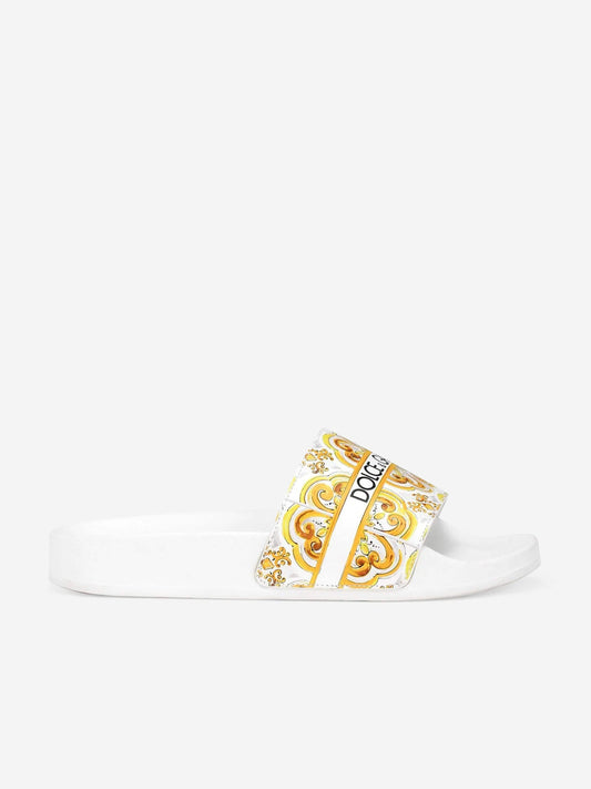 Dolce & Gabbana 女童皮革 Maiolica 拖鞋(黄色)