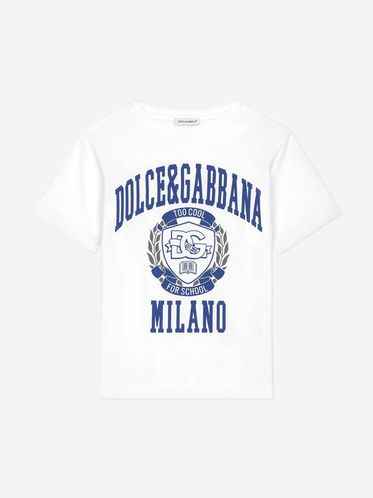 Dolce & Gabbana 男童 Too Cool For School 白色徽章 T 恤