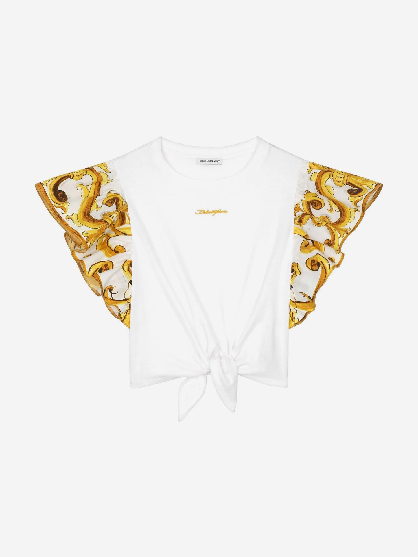 Dolce & Gabbana 女童 Maiolica 系带前上衣(白色)