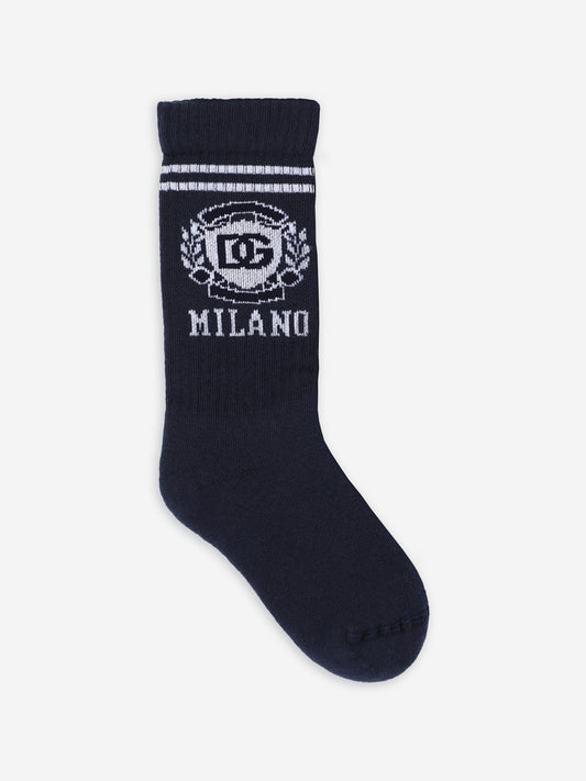 Dolce & Gabbana Boys Milano 徽标袜子(海军蓝)