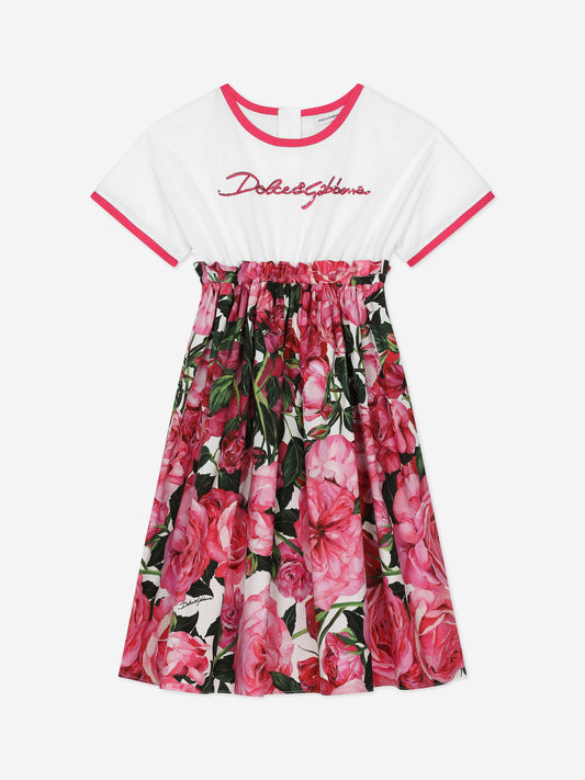 Dolce & Gabbana 女童粉色棉质玫瑰印花连衣裙