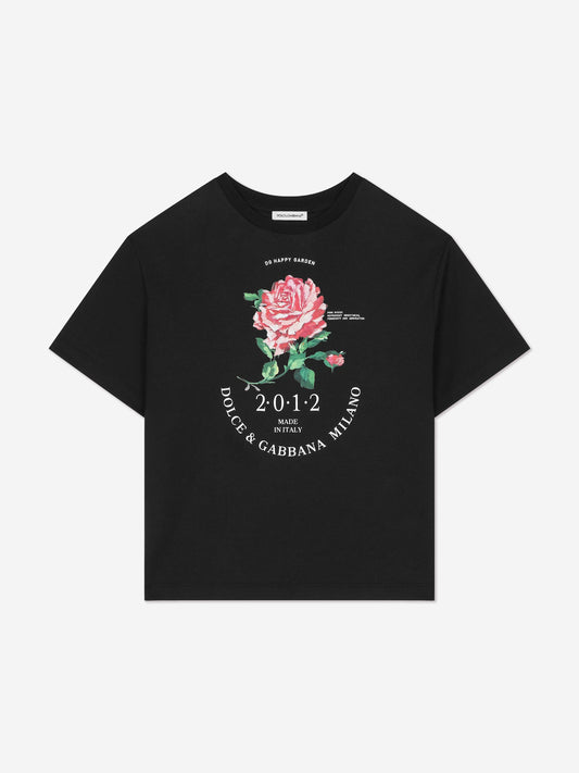 Dolce & Gabbana 女童黑色闪光玫瑰 T 恤