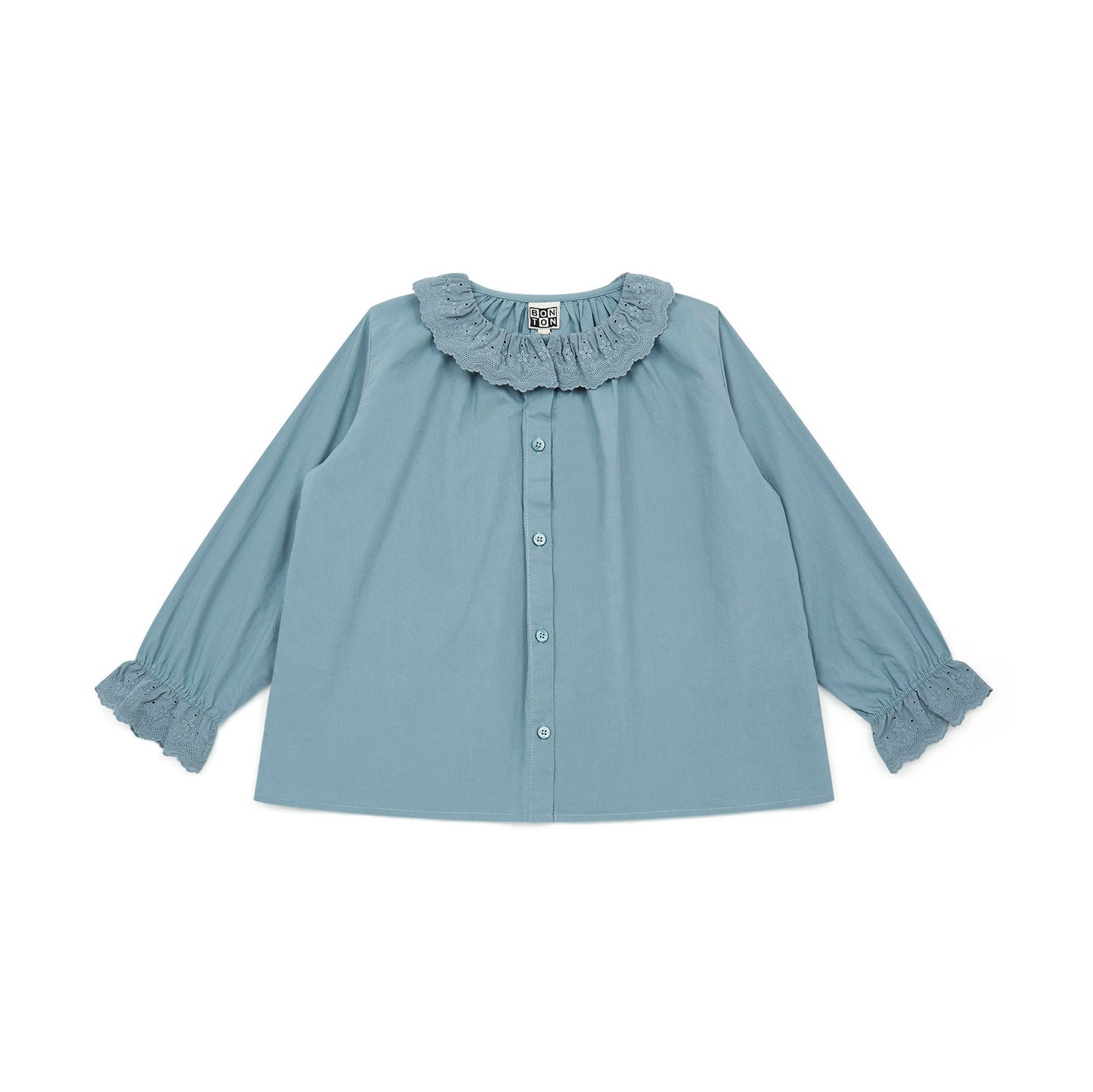 女童蓝色荷叶边棉衬衫