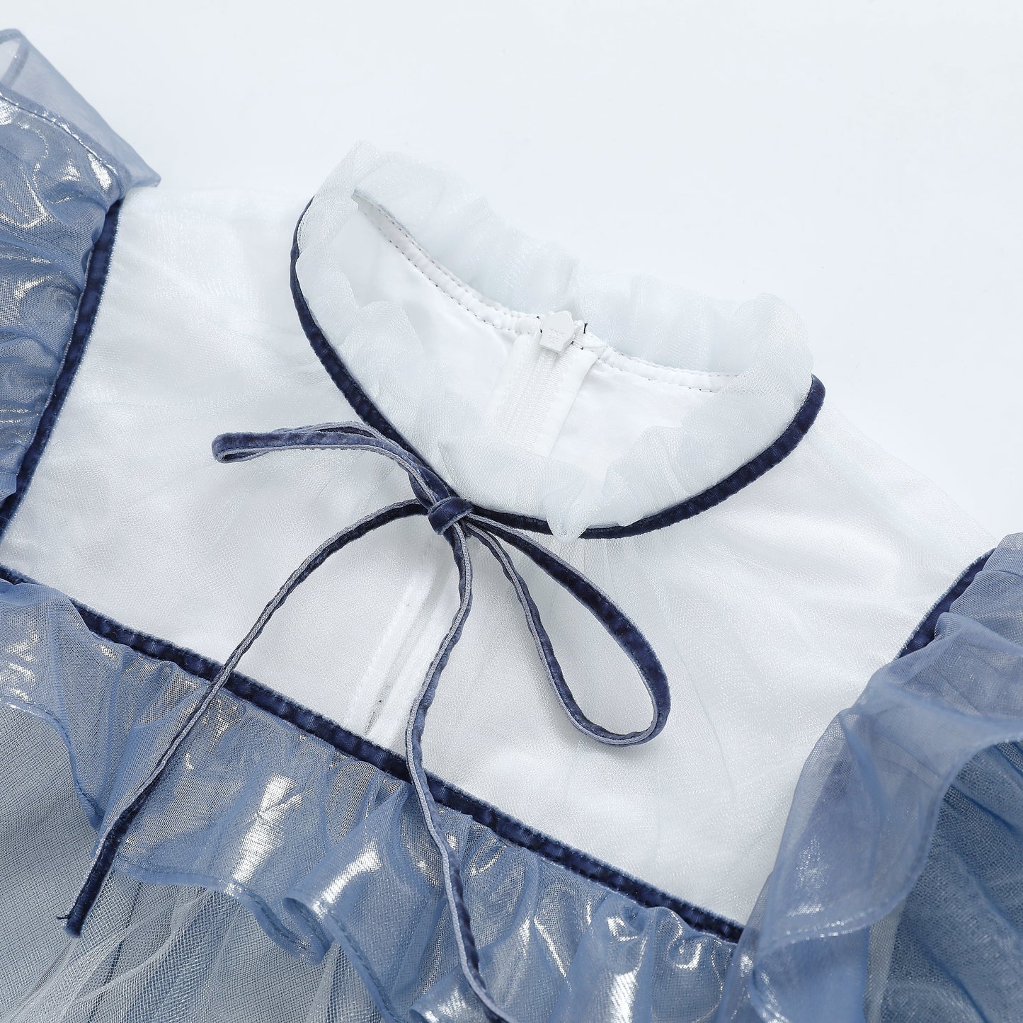 女童海蓝色荷叶边系带礼服裙