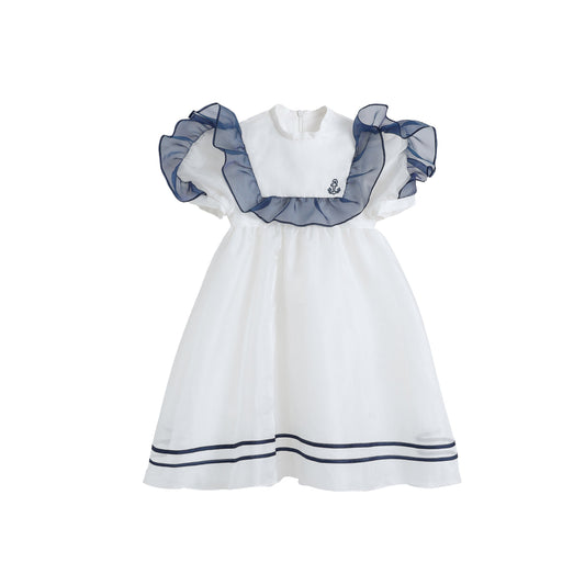 女童白色船锚刺绣礼高定服裙