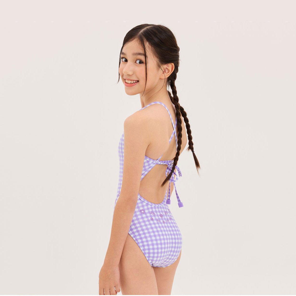 女童浅紫色格子专业泳衣