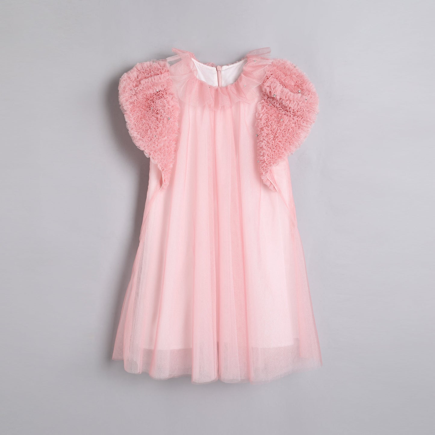 女童檀粉色瓷形纱袖礼服裙