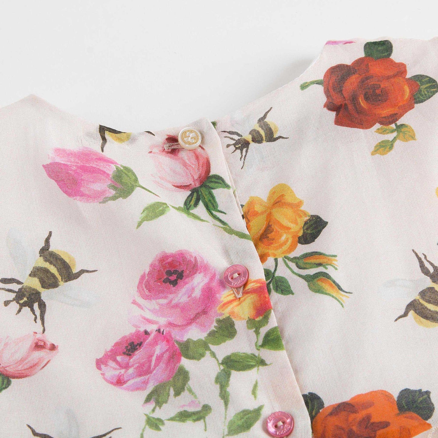 Baby Girls White Cotton Dress With Multicolor Flower Print Trims