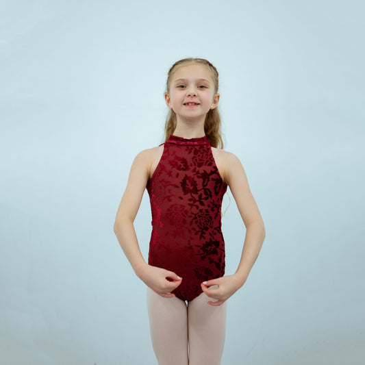 女童酒红色丝绒芭蕾舞连体衣(T1517/Burgundy)