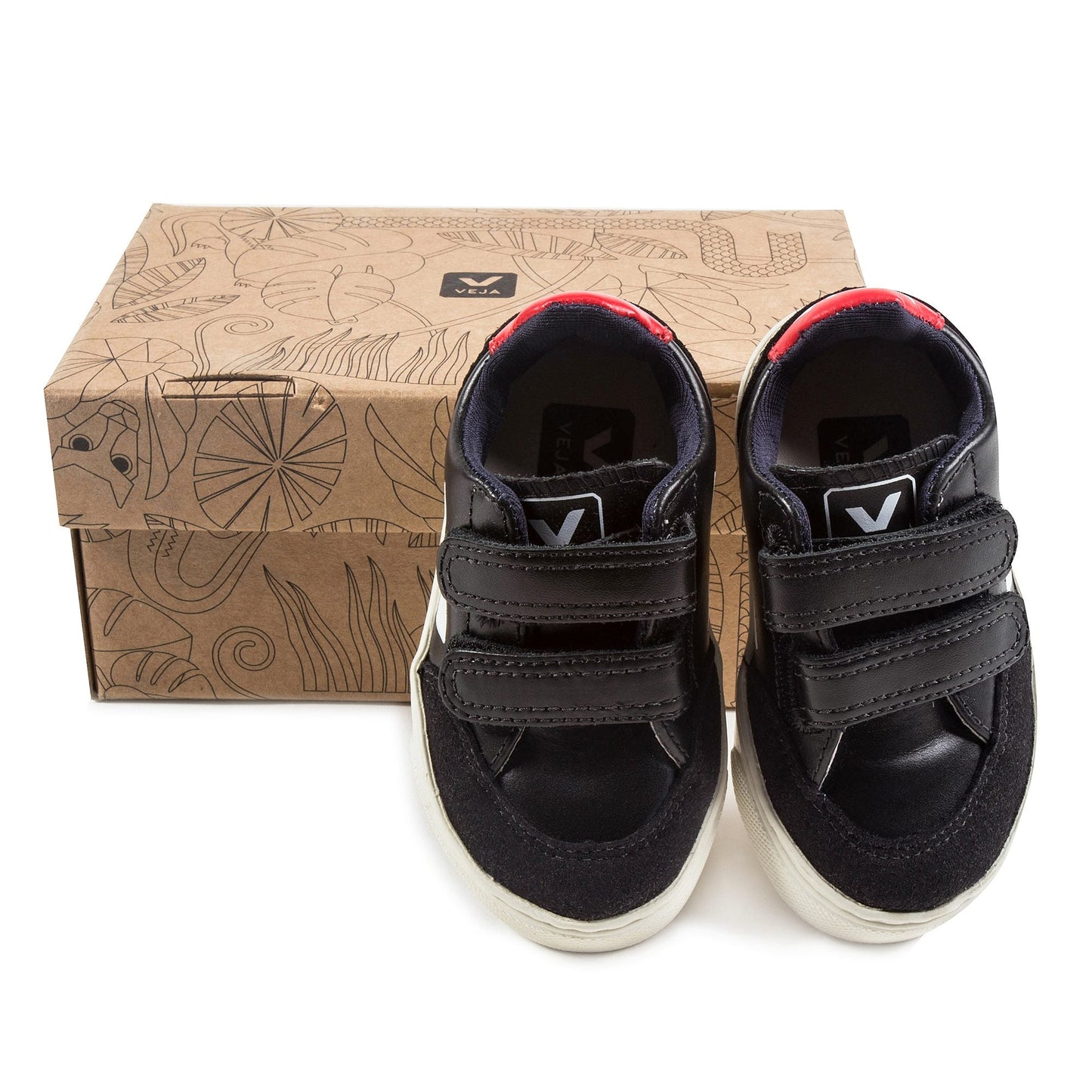 Baby Boys Black Leather Velcro With White "V" Shoes