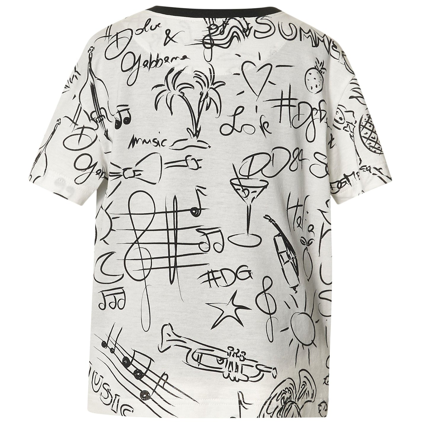 Boys White Fancy Printed T-Shirt With Patch Trims