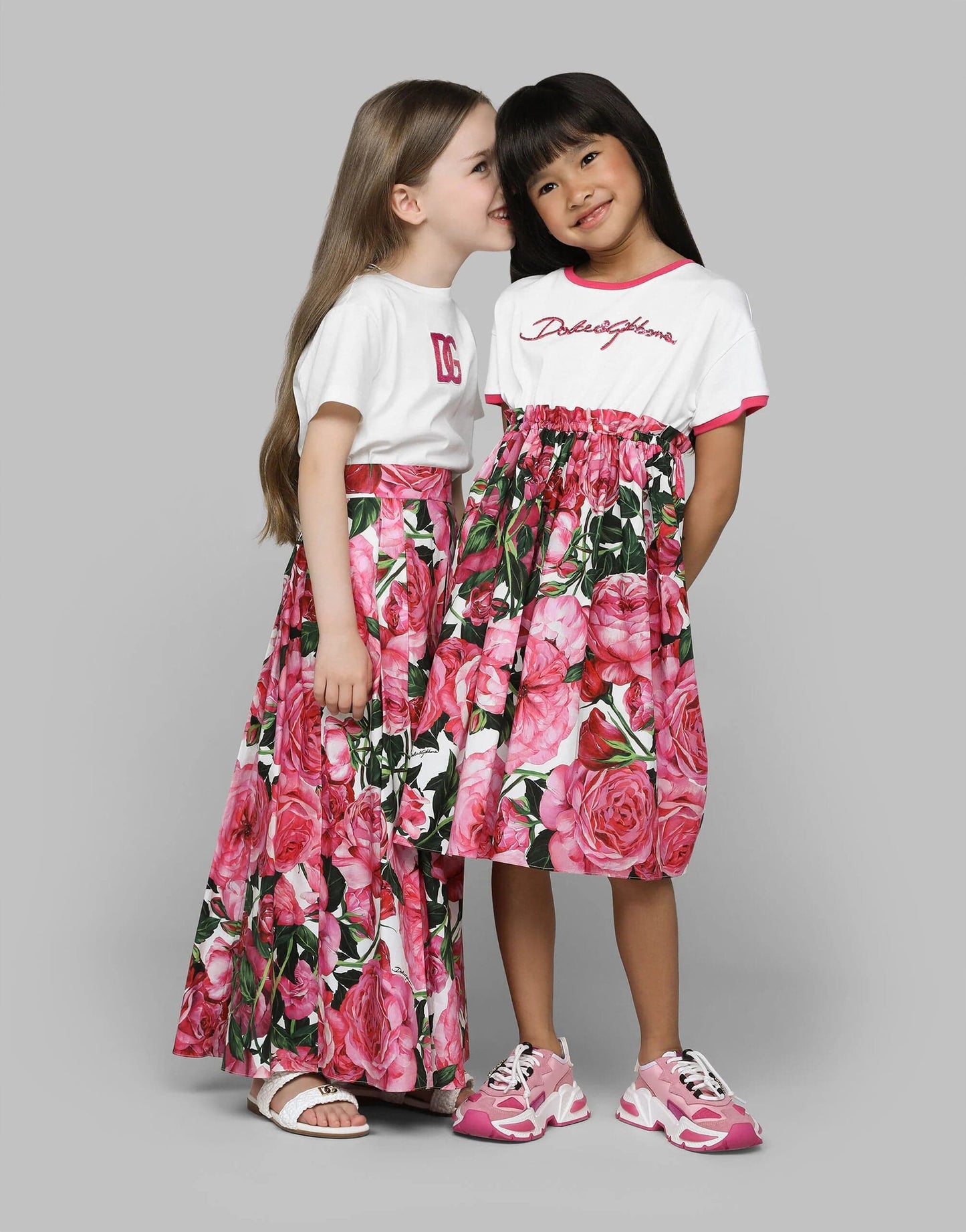Dolce & Gabbana 女童粉色棉质玫瑰印花连衣裙