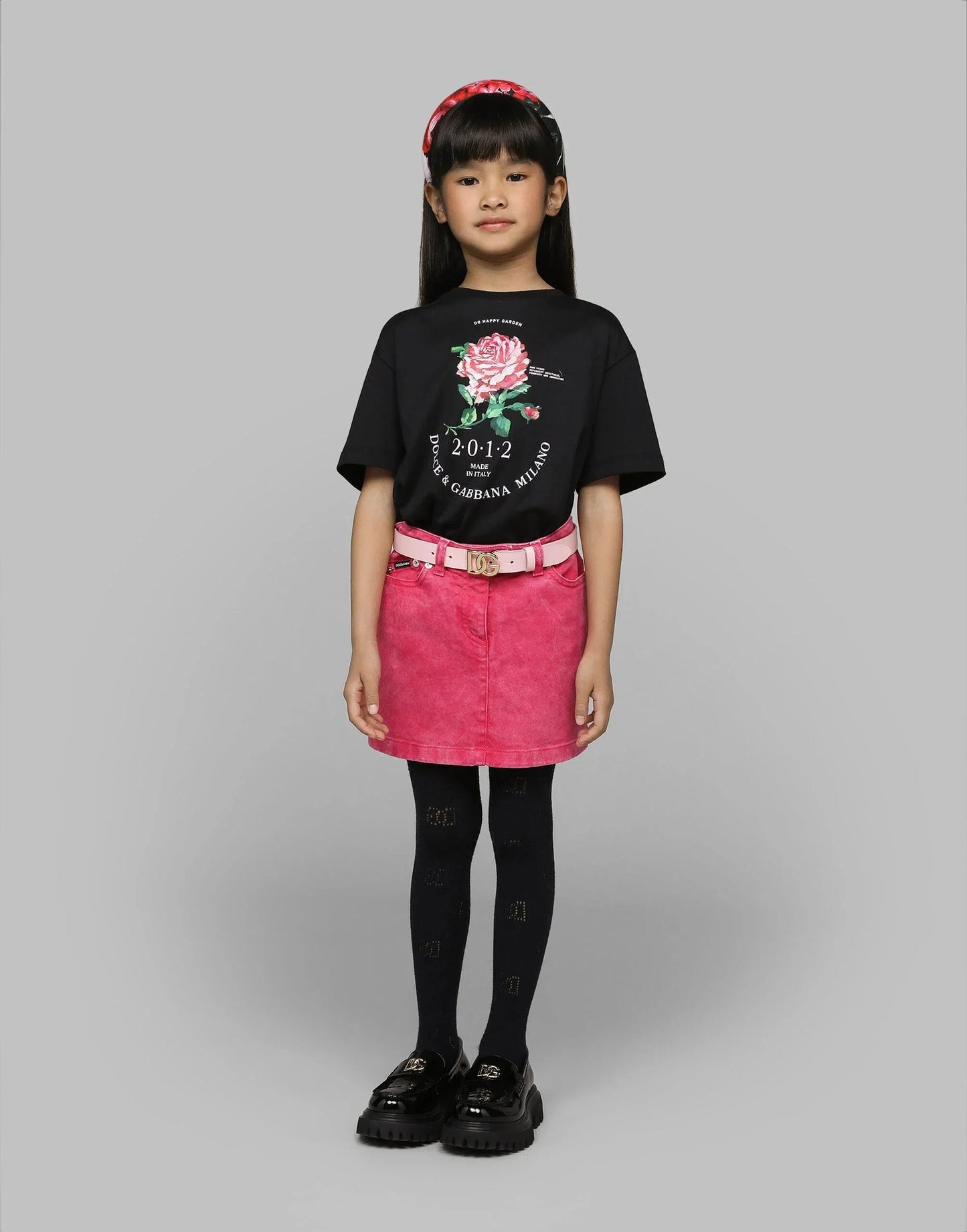 Dolce & Gabbana 女童黑色闪光玫瑰 T 恤