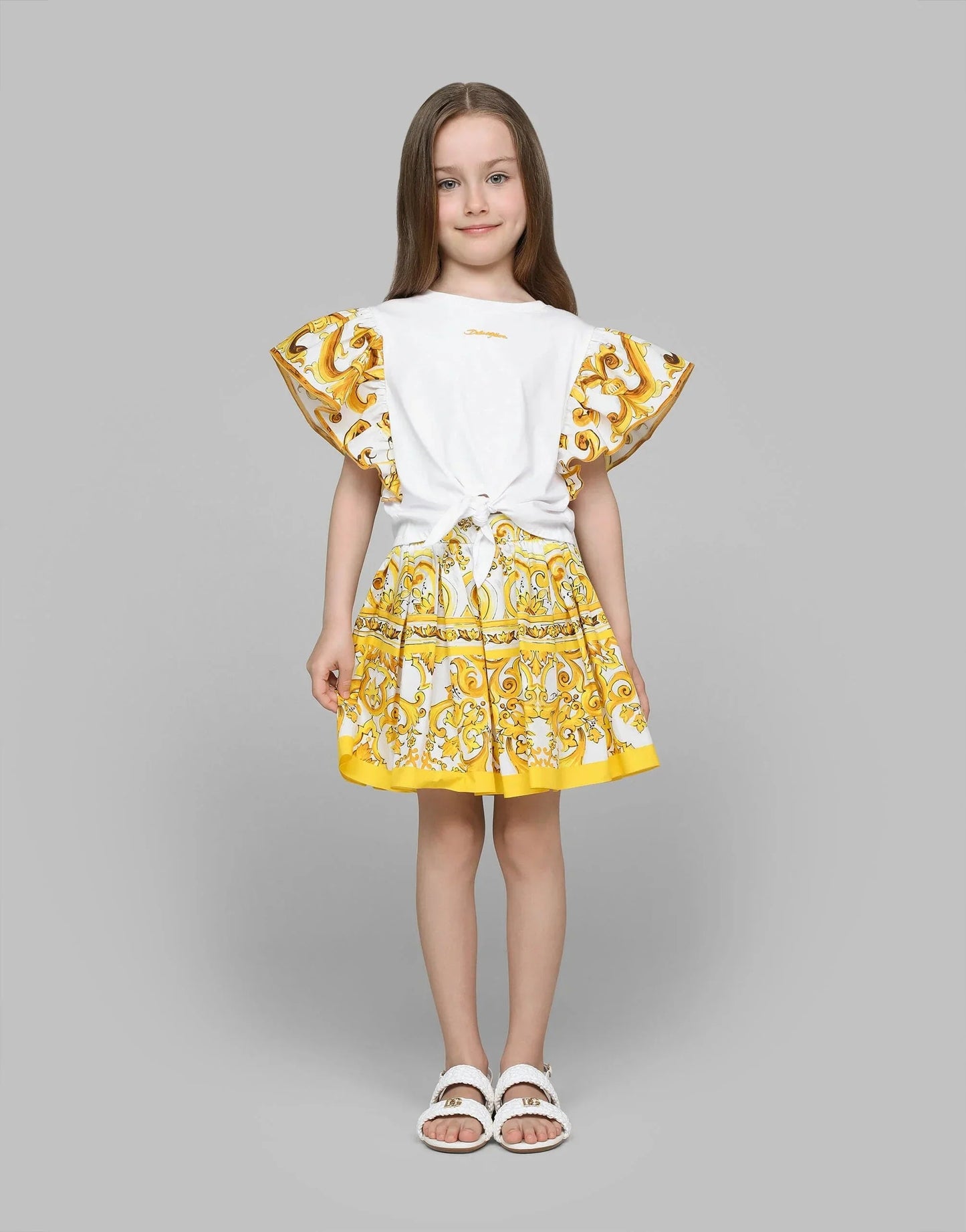 Dolce & Gabbana 女童 Maiolica 系带前上衣(白色)