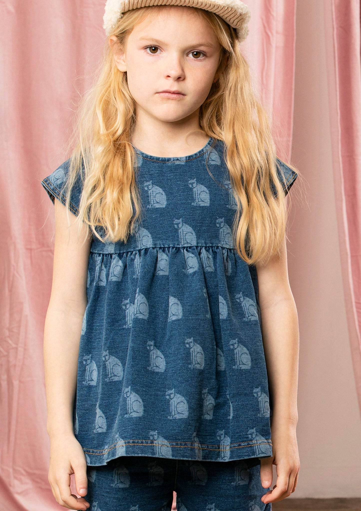 Girls Navy Cat Denim T-Shirt