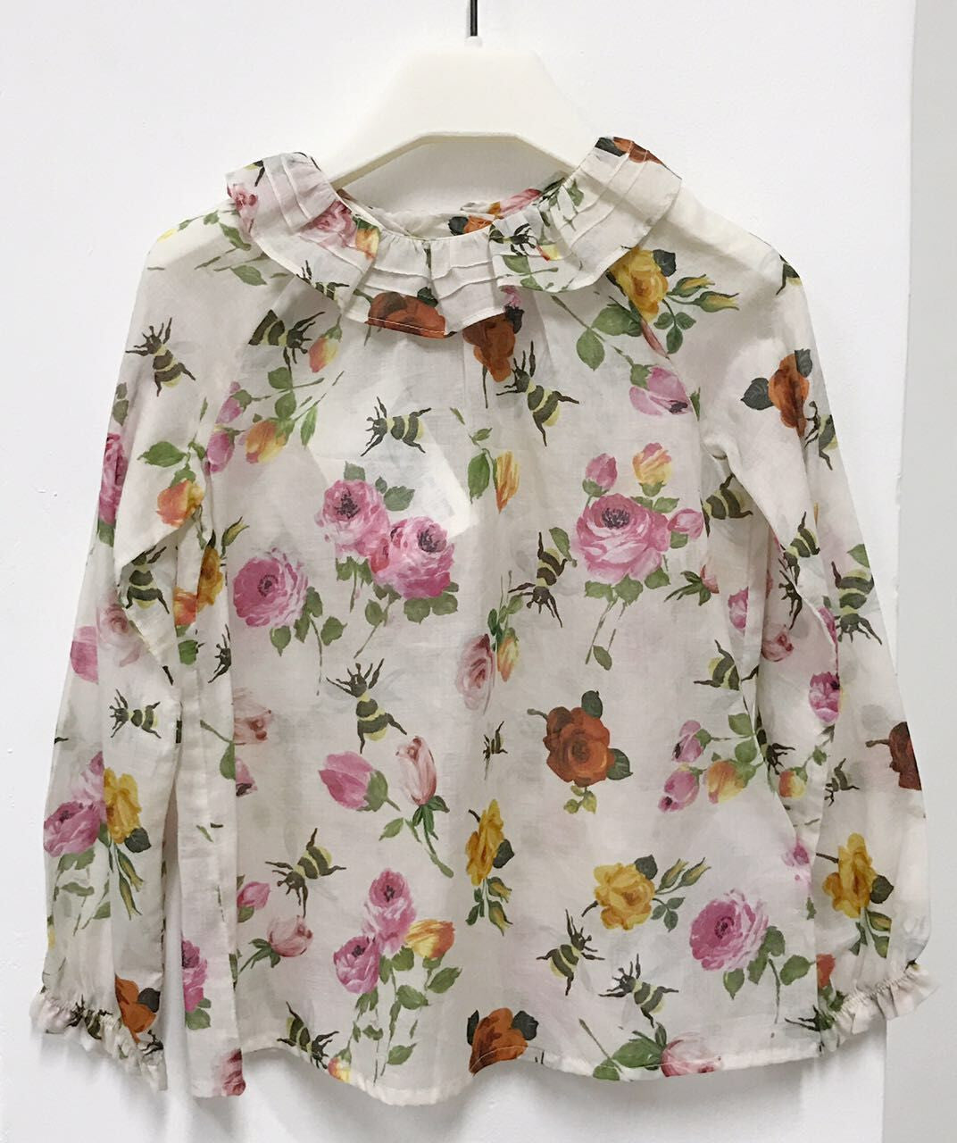 Baby Girls Ivory Ruffled Collar Blouse With Flower Print Trims