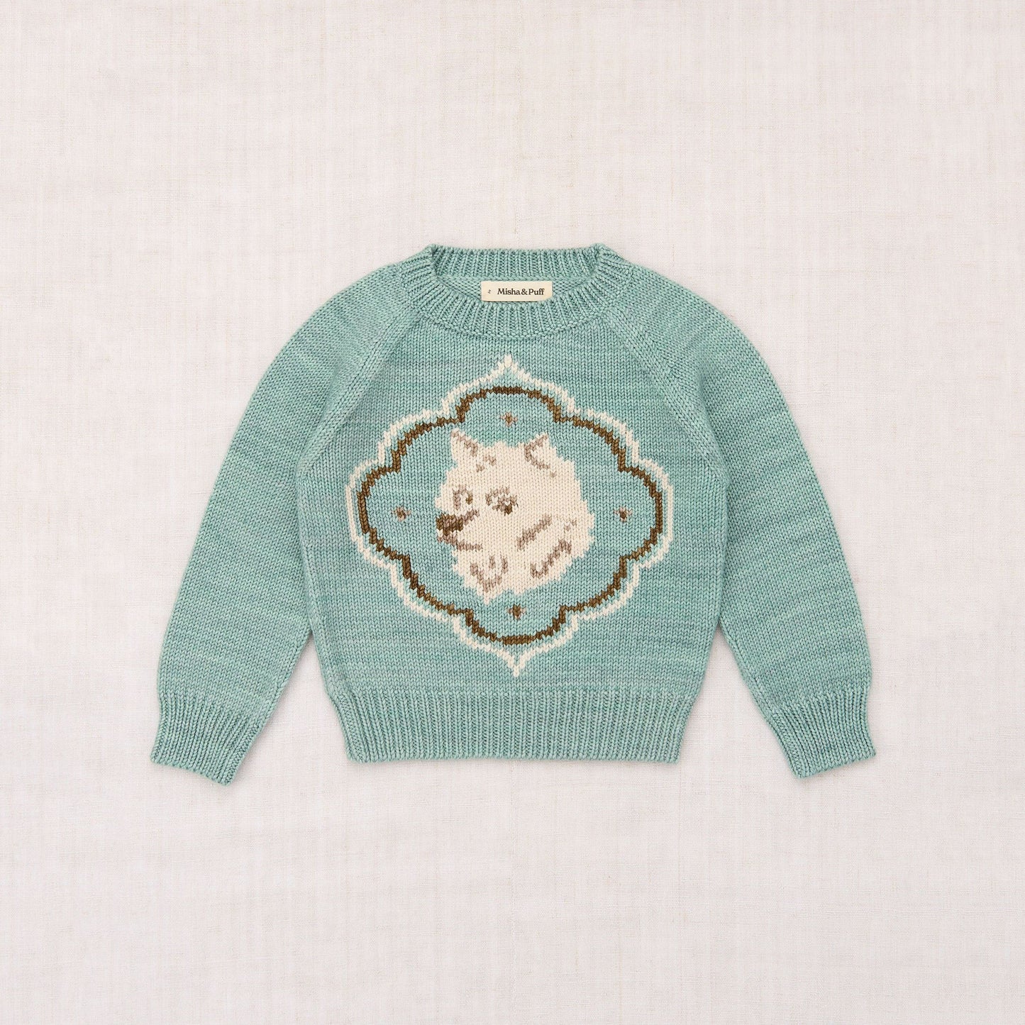 儿童浅绿色小狗提花羊毛毛衣