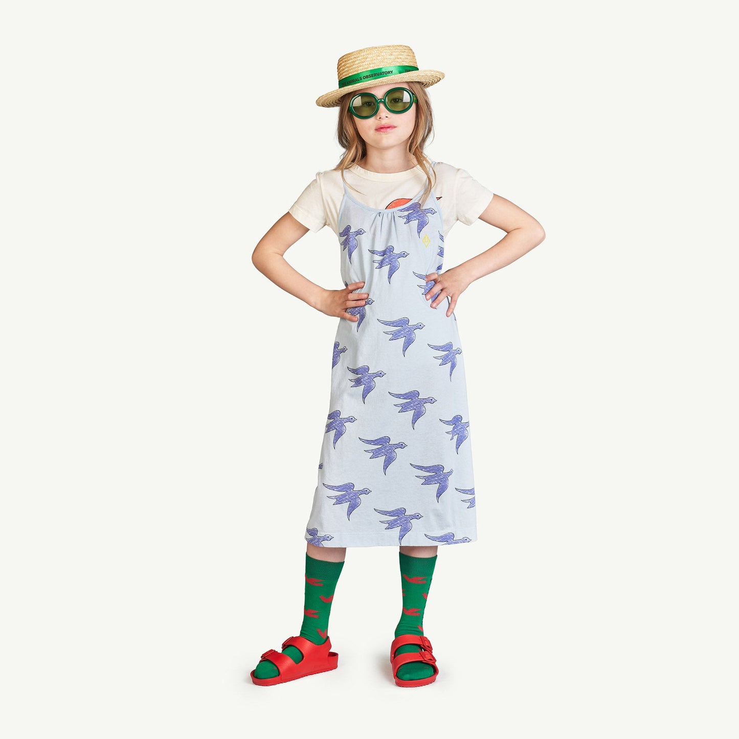 女童蓝色小鸟棉连衣裙