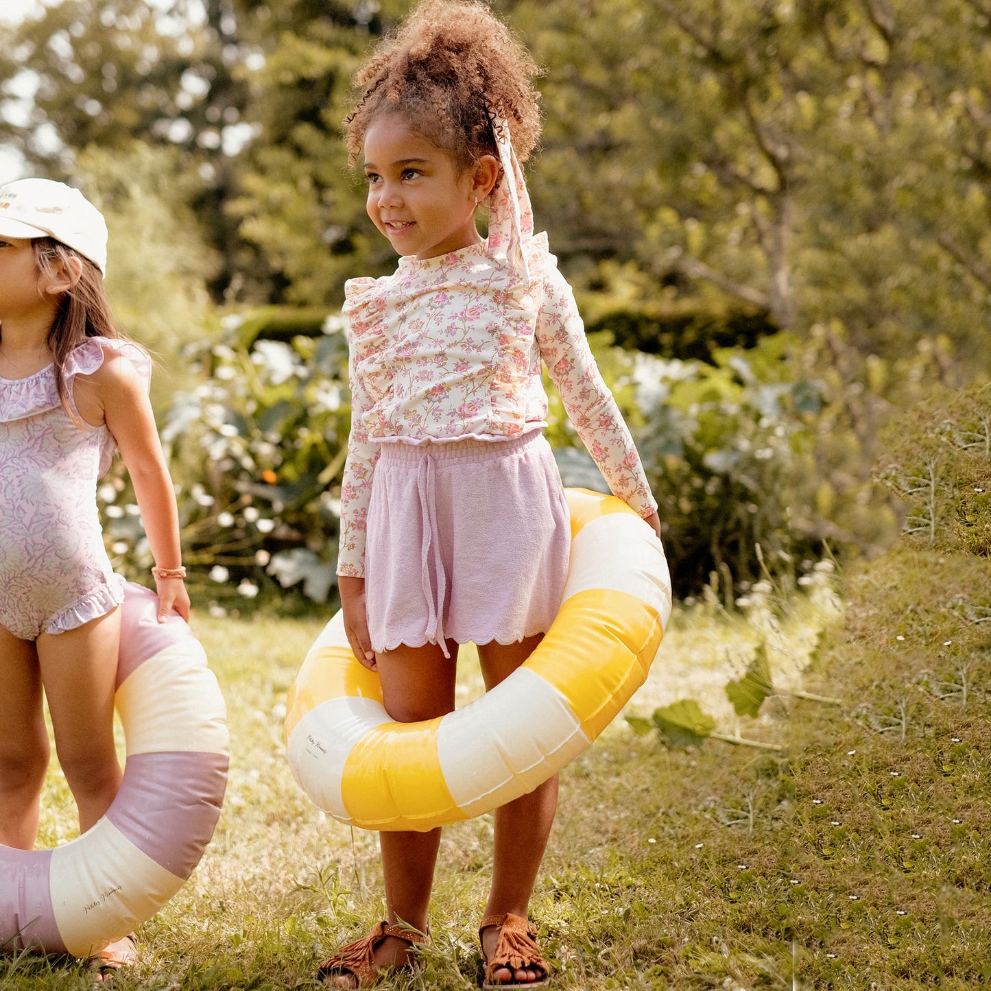 女童粉色碎花泳衣套装