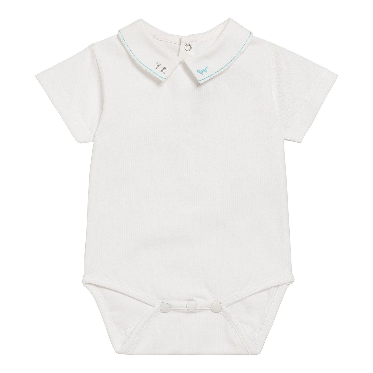 Baby Boys White Cotton Bodysuit With Polo Shirt Collar