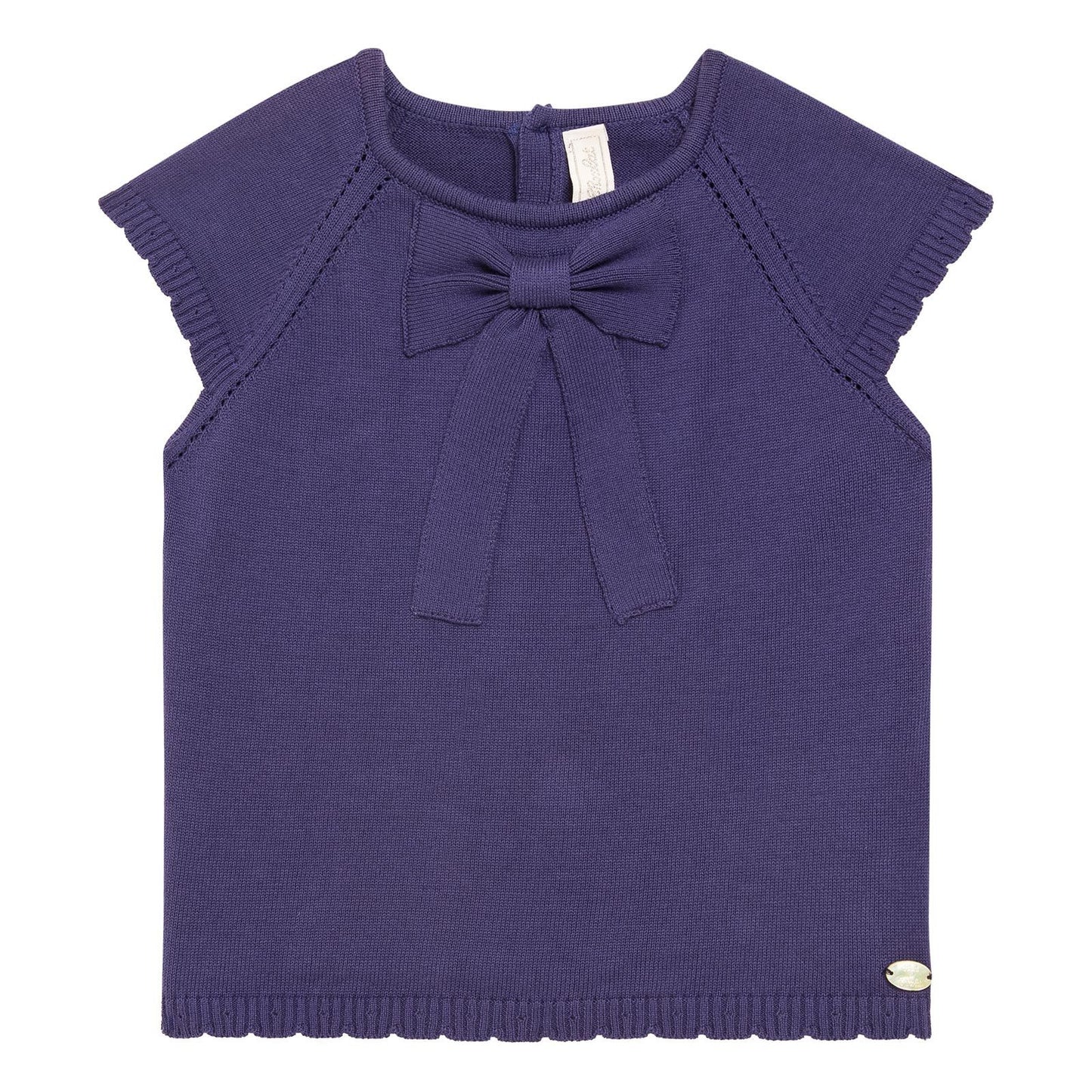 Girls Navy Blue Cotton Knitted Bow Trims Sweater