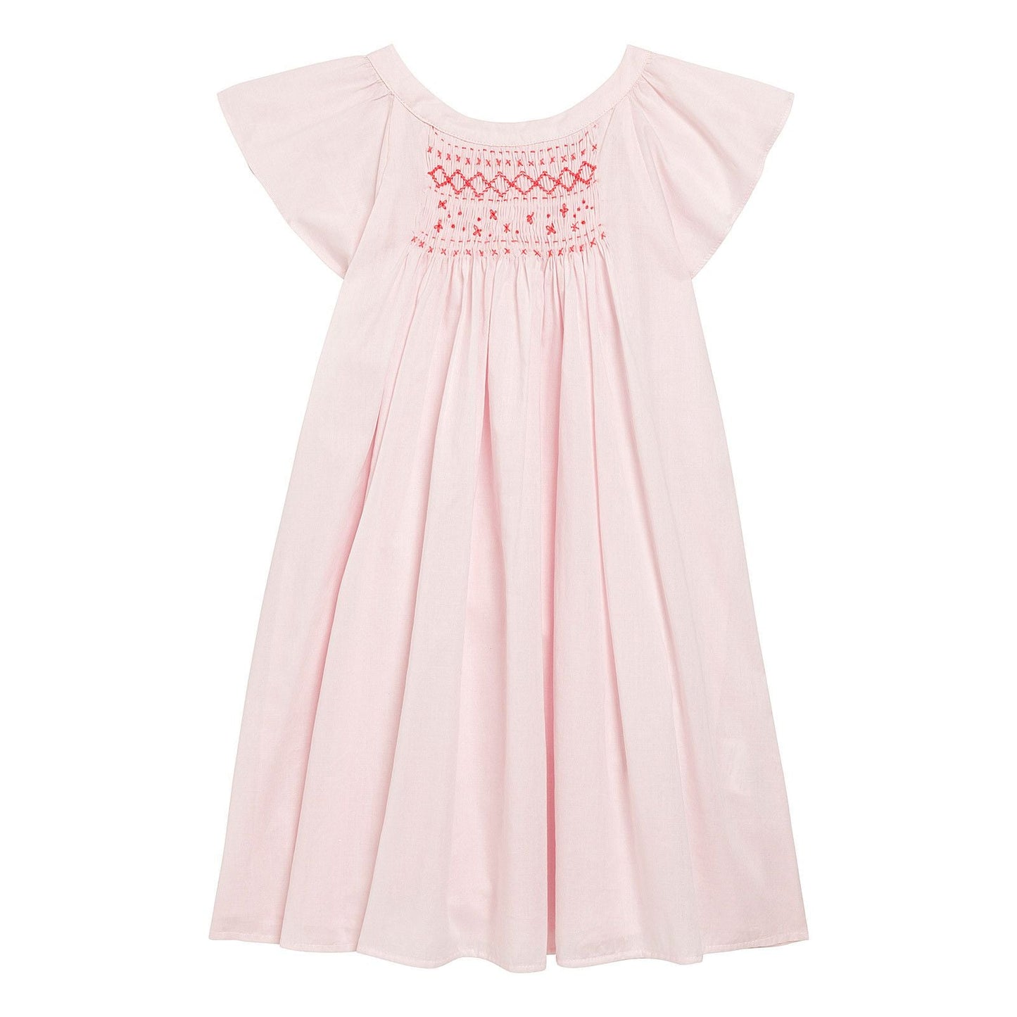 Girls Light Pink Cotton Embroidred Trims Crew Neck Dress