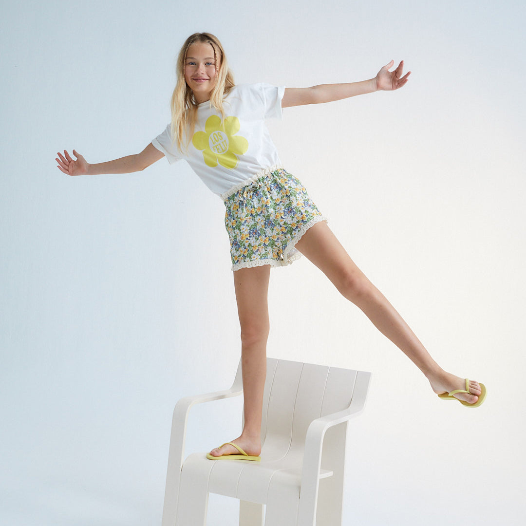 女童绿色花朵蕾丝边短裤