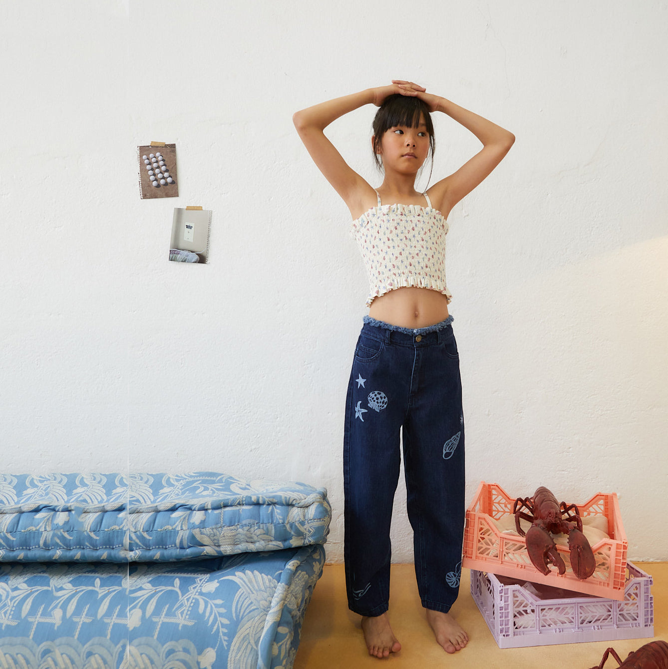 女童象牙白碎花棉吊带上衣