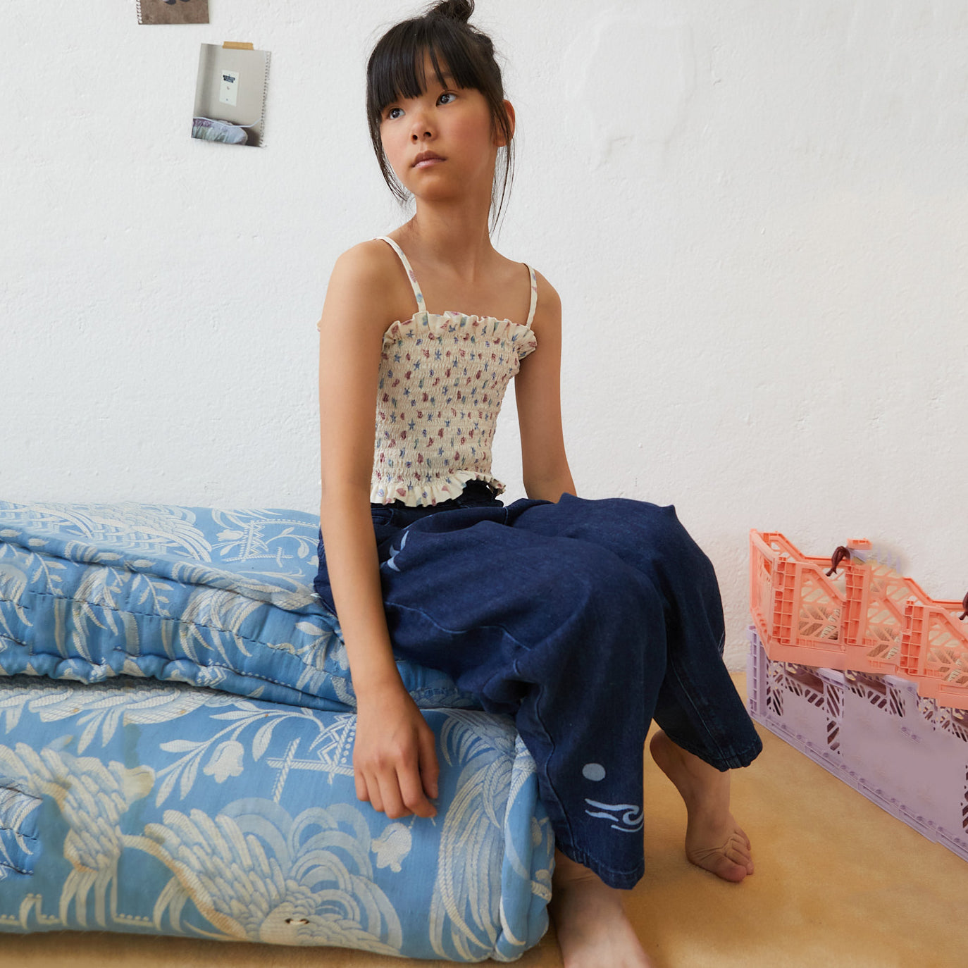 女童象牙白碎花棉吊带上衣