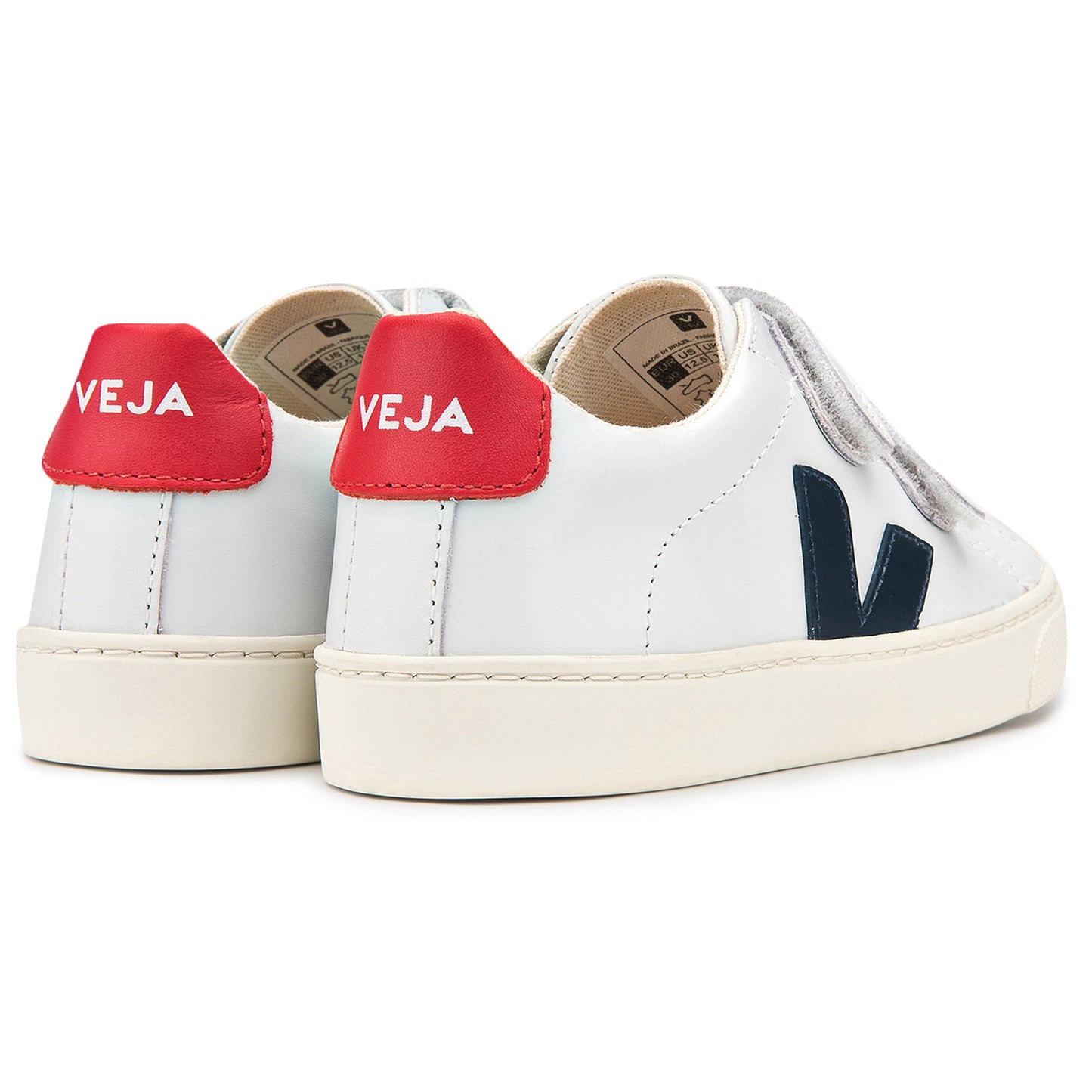 Girls & Boys White Leather Velcro With Navy Blue "V" Shoes