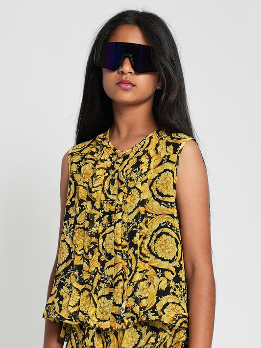 Versace 女童真丝巴洛克乔其纱金色衬衫
