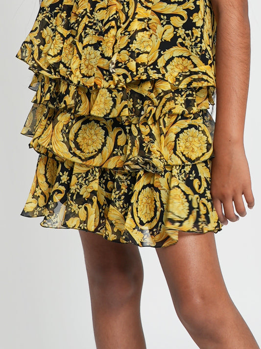 Versace 女童真丝巴洛克褶边金色半身裙