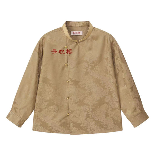女童卡其色"松"中式提花真丝衬衫