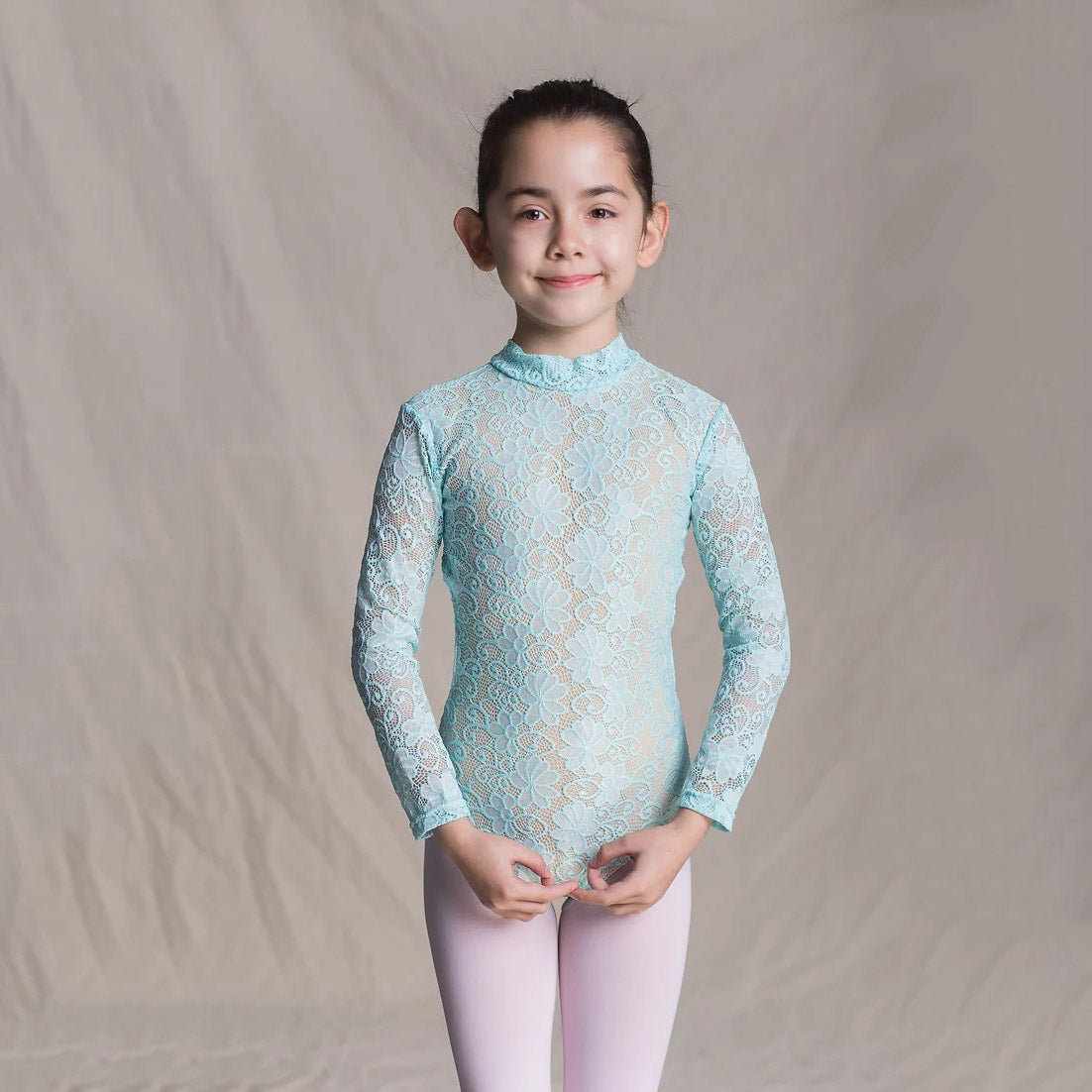 女童浅蓝色蕾丝长袖芭蕾舞连体衣(1404/Baby Blue)