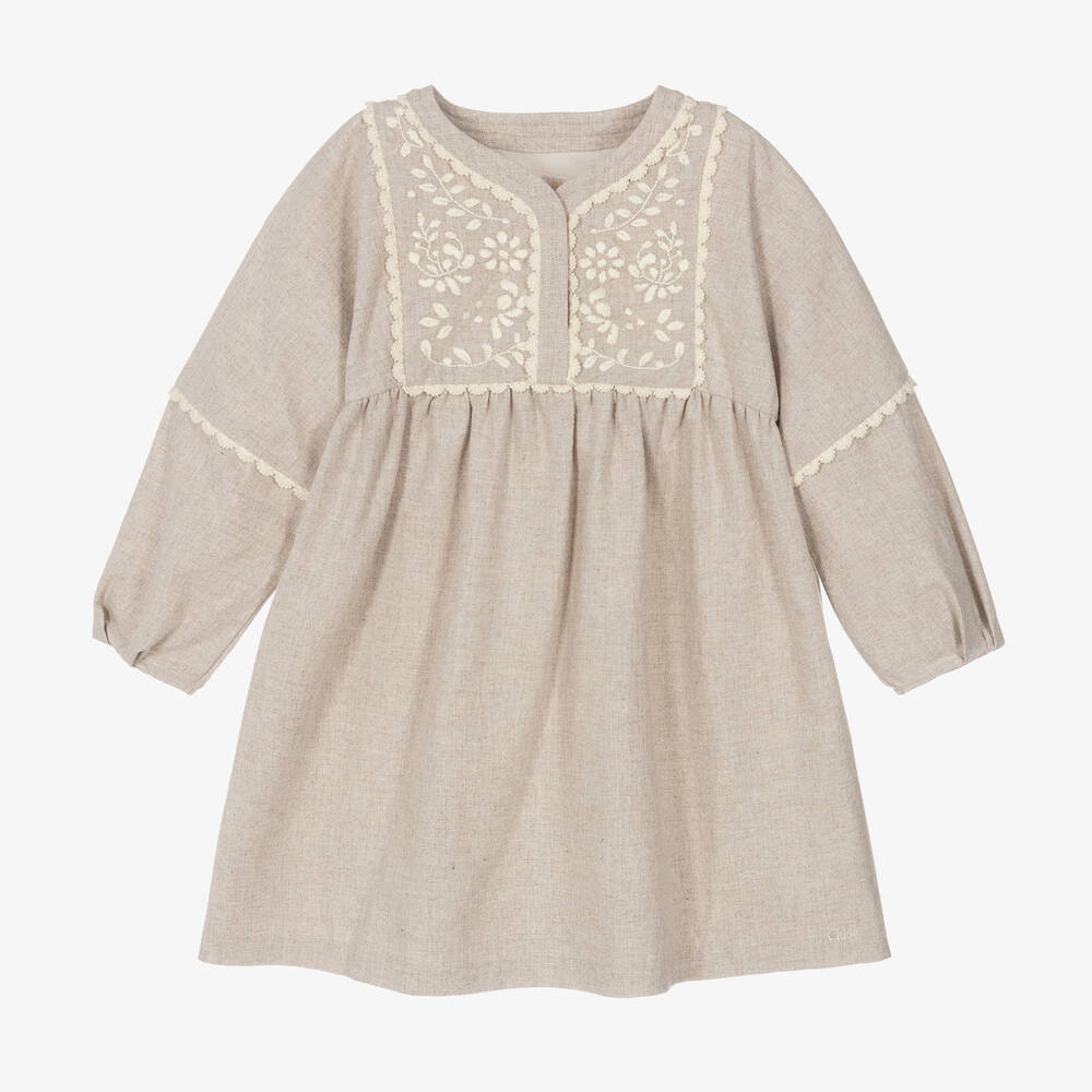 女童米色刺绣棉连衣裙