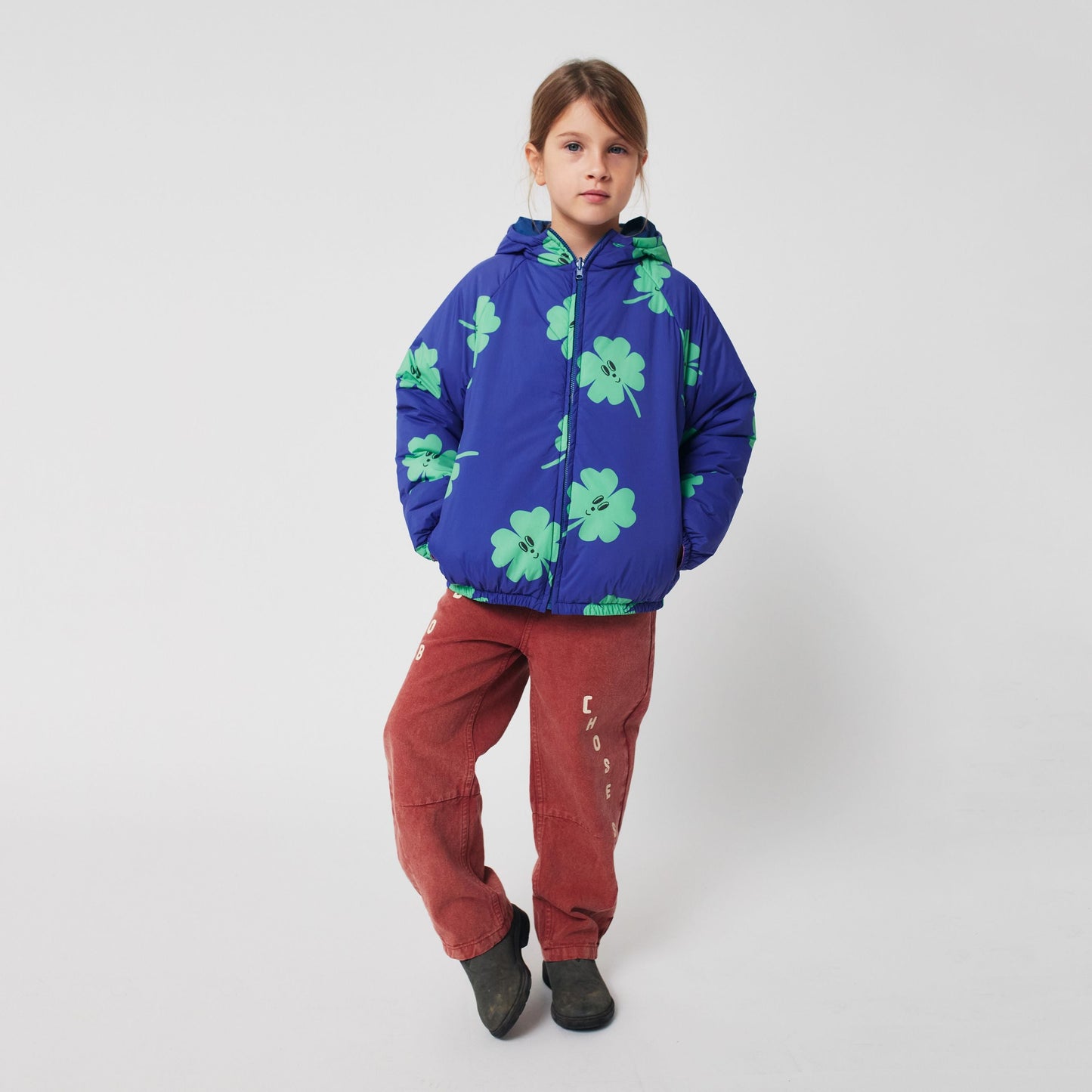 女童紫色幸运草印花双面棉服