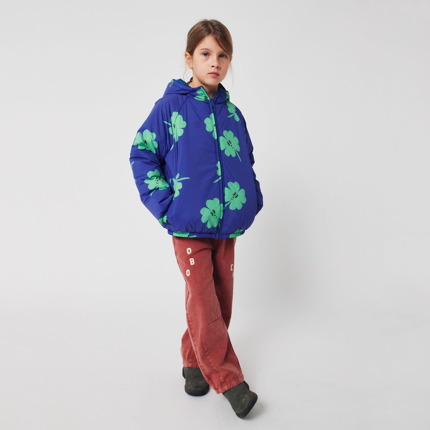 女童紫色幸运草印花双面棉服